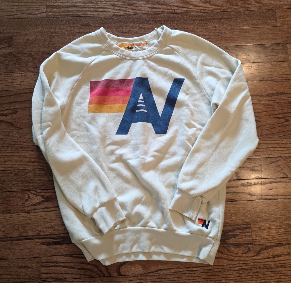 Aviator Nation Cream Crewneck Sweatshirt with Navy 'AN' Logo and Sunset Stripe